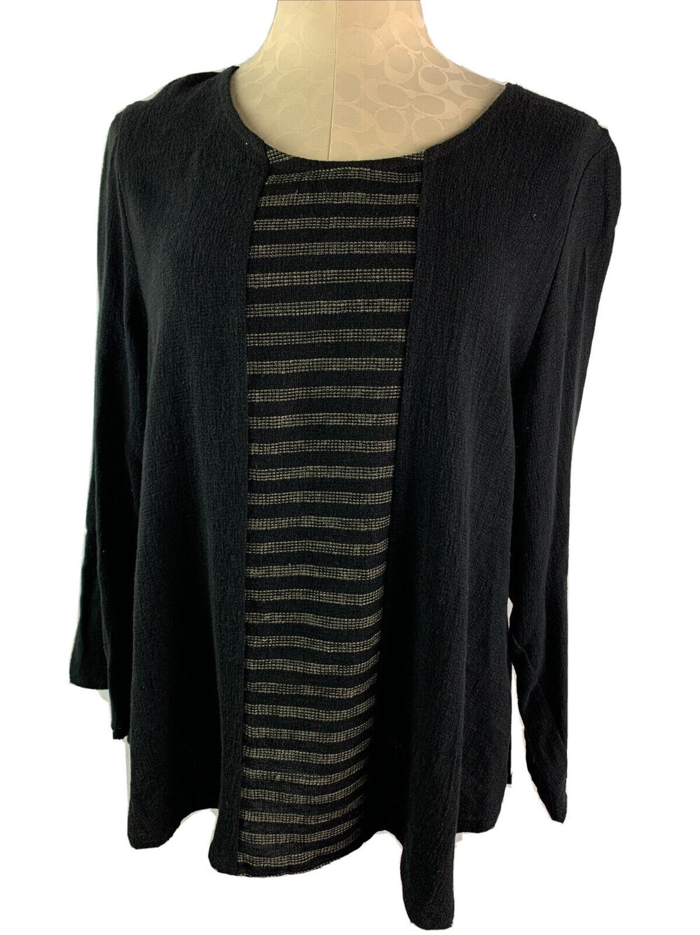 Medium Khangura Black Tan Linen Blend Oversize Womens Shirt Made in USA